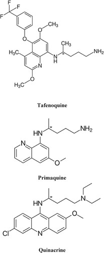 Figure 1. Structures of the enantiomers of tafenoquine, primaquine and quinacrine.