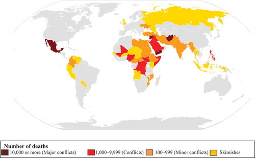 Figure 2. Countries with ongoing armed conflicts classified based on the number of deaths in current or past years.Citation44