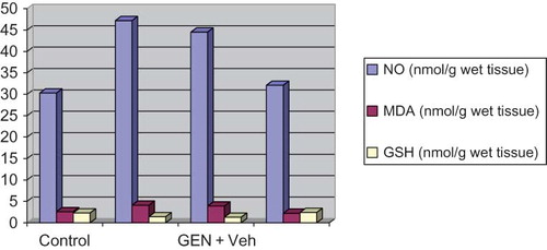 Figure 1.  The GSH level in renal tissue of only GEN-treated rats were significantly lower than those in control group, and administration of MK to GEN-treated rats significantly increased the level of GSH. Group given GEN and MK had significantly lower MDA and NO levels in kidney cortex tissue than those given GEN alone.