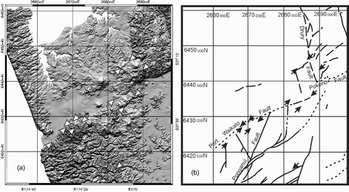 Figure 4. (a) Digital terrain map on which are superimposed the same arrows as shown in Figure 3. (b) The same set of arrows superimposed on fault traces from Edbrooke (Citation2001). Concealed faults, dotted lines; approximate faults, dashed lines. Graticule: NZMG, grid interval 10 km.