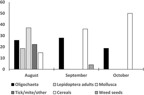 Figure 2. The percentage frequency of presence of prey groups in Chough faeces in 2011–13. These prey groups were identifiable but only detectable in small parts and not able to be reconstructed into definite numbers of individuals. The number of samples in each month were 27 in August, 25 in September and 16 in October.