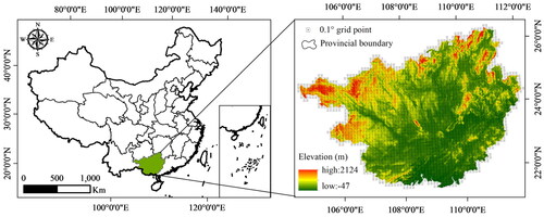 Figure 1. The DEM and rainfall grids of Guangxi Province, China.
