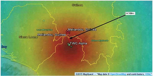 Figure 3. The outbreak area predicted by the TWCα algorithm, open.mapquest was used.
