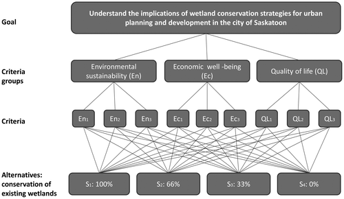 Figure 3. AHP evaluation structure for wetland conservation policy scenarios.