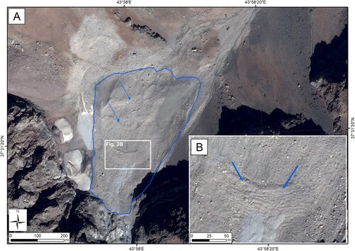 Figure 3. (A) The largest rock glacier of the study area. The blue line marks the limit of the landform; the lobes on the surface are indicated by blue arrows. (B) Detail of lobes indicated with blue arrows.