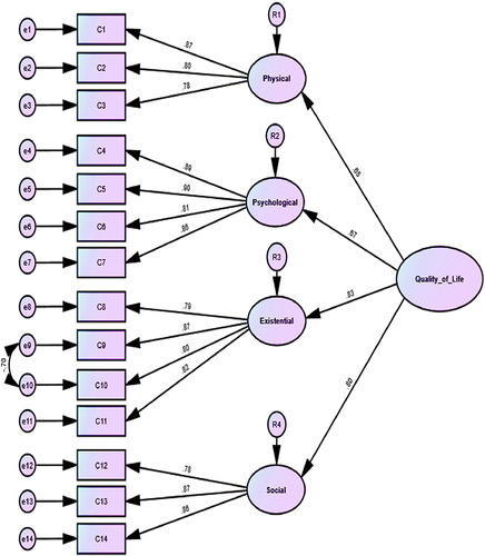 Figure 1 First-order (subscale) and second order (overall QOL) latent factors for MQOL-R. Factor loadings are standardized as revealed by the CFA. CFA: confirmatory factor analysis, rectangular: observed variables, Circles: factors, Numbers in circles below rectangular: item uniqueness values, Straight arrows towards observed variables from factors: loadings.