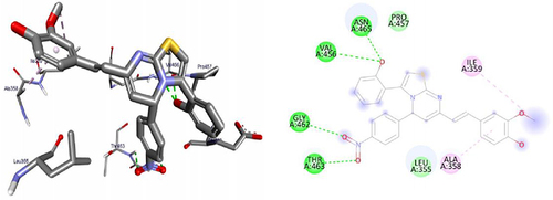 Figure 7 3D (right) and 2D (left) representations of the binding interactions of 12 against S. aureus Pyruvate Kinase (PDB ID: 3T07).