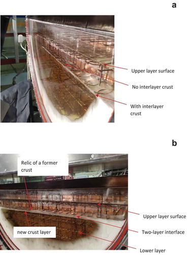 Fig. 7. Two-layer melt pool: (a) the interlayer crust is partially melted down in the central region, and (b) a new interlayer crust formed after power reduction which was slightly lower than the former one.
