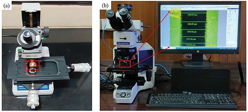 Figure 6. Kerf width measurement using (a) Toolmaker microscope and (b) Optical microscope.