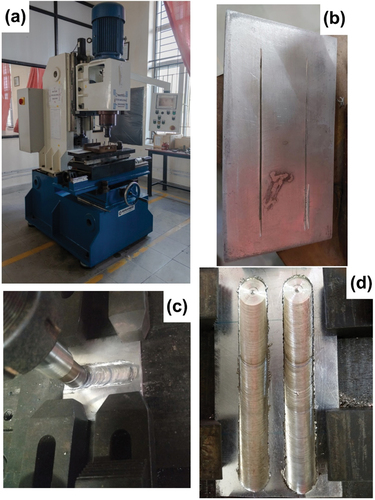 Figure 1. (a) Friction stir processing machine used in this study. (b) Bare sample with the rectangular groove. (c) Capping the holes to avoid spillage of the tin powder. (d) Friction stir processed work specimen.
