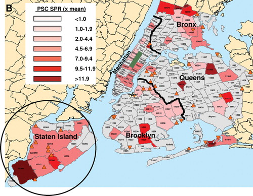 FIG. 1B Standardized Prevalence Ratio of PBC-OLT (A) and PSC-OLT (B) by zip code. Darker shading indicates a higher standardized prevalence ratio (spr). Thick black lines indicate the border between boroughs. Superfund sites are denoted by orange triangles. Statistically significant disease clusters associated with the location of Superfund sites in Staten Island are denoted by circles. PBC-OLT, PBC patients listed for liver transplantation; PSC-OLT, PSC patients listed for liver transplantation.