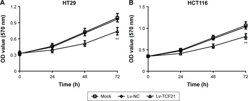 Figure 2 Overexpression of TCF21 inhibits cell proliferation in HCT116 and HT29 cells.