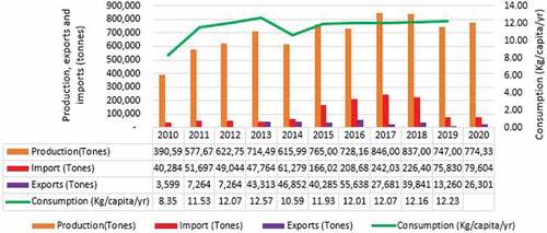 Figure 1. Dry bean production, export, import, and consumption scenarios in Kenya (2010-2020).