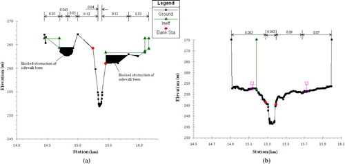 Figure 4 The cross-sections at the US Geological Survey (USGS) flow gauging stations at (a) Halstad (USGS 05064500) and (b) Grand Forks (USGS 05082500). The labelled numbers are the calibrated Manning's n values