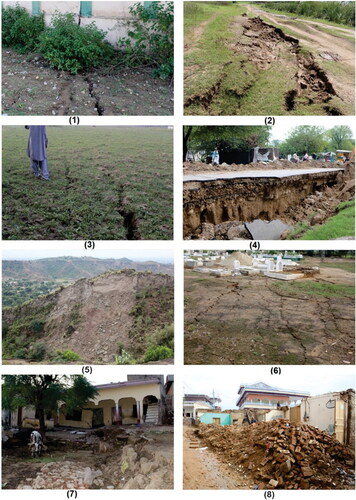 Figure 2. Field photographs showing ground deformation at various locations (1-8, see Figure 8 for their locations). surface fractures in the field (1-3,6); damaged infrastructure (4,8); small-scale landslide (5); and ground subsidence/uplift (7).