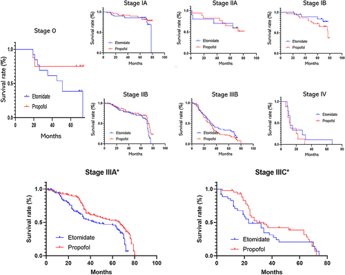 Figure 2 Demonstration of postoperative survival curves of gastric cancer patients with different tumor stages. The results of the seven groups (TNM stage 0, TNM stage IA, TNM stage IB, TNM stage IIA, TNM stage IIB, TNM stage IIIB, TNM stage IV) were not statistically different (P > 0.05). The results of the two groups (TNM stage IIIA, TNM stage IIIC) were statistically different (P < 0.05). The symbols with *Indicate statistical differences (P < 0.05).