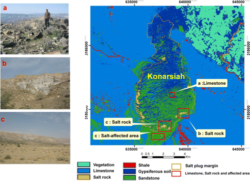 Figure 4.  Hard classification image of Konarsiah salt diapir. Red boxes illustrate the locations of limestone (Photograph a), salt rocks (Photographs b and c), and salt-affected area (Photograph c).