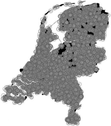 Figure 1. ATM population coverage map in the Netherlands for 2017. Black areas represent postal codes with residents not having access to an ATM within five kilometres.