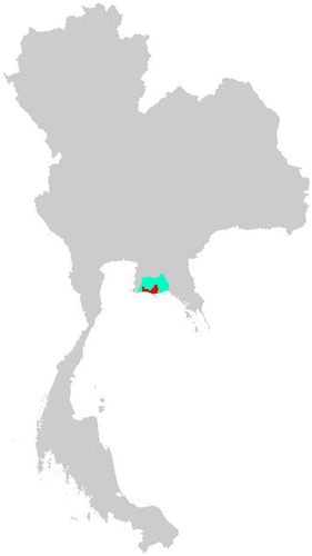 Figure 2. Location of Muang Rayong District (red) within Rayong province (green) in Thailand (grey).