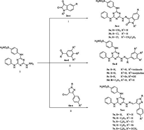 Scheme 1. Synthetic pathway of new sulphonamides analogues 3a–c, 5a–d, and 7a–e.