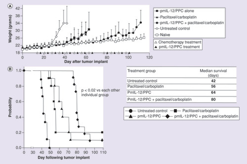 Figure 5. Efficacy outcomes of untreated tumor-bearing mice versus pmIL-12/PPC- and/or chemotherapy-treated mice.Mice were administered intraperitoneally ID8 cells. Animal weights and survival analysis of animals given combination treatment of pmIL-12/PPC with a paclitaxel/carboplatin treatment regimen consisting of carboplatin 30 mg/kg (bodyweight) and paclitaxel (6 mg/kg) given iv. (this treatment regimen has been previously evaluated in the ID8 tumor model and shown to produce therapeutic efficacy without overt toxicity). Treatments started 14 days after tumor implant. The pmIL-12/PPC was administered at a total dose of 100 μg per treatment starting 18 days after tumor implant. (A) Comparison of animal weights across cohorts over time. (B) Survival of animals across cohorts. Significance between each cohort was determined by the Gehan–Breslow nonparametric analysis of variance (n = 10 for each cohort).Reproduced with permission from [Citation42] © John Wiley and Sons, Inc. (2009); permission conveyed through Copyright Clearance Center, Inc.