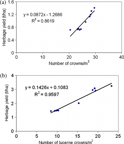 Fig. 2  Relationship between lucerne plant population (number of lucerne crowns/m2) and herbage yield for (a) the 4th harvest and (b) the 10th harvest.