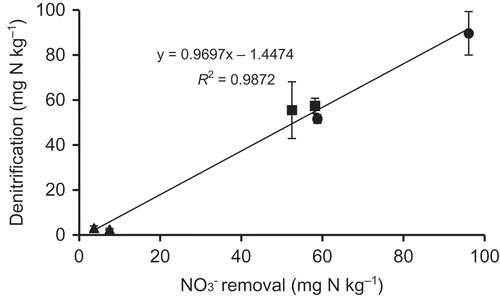 Figure 2 Relationship between nitrate (NO3–) removal (x-axis) and denitrification (y-axis) in MV soil (triangles), PV soil (squares) and PJ soil (circles) on day 7 at 25°C. Bars indicate standard deviation, n = 3.