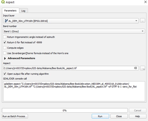 Figure 88. Calculating aspect with QGIS.