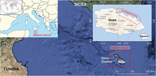 Figure 1. Geographic setting of Gozo within the Maltese Islands (central Mediterranean Sea). Satellite images are derived from Google Earth (map data: SIO, NOAA, US Navy, NGA, GEBCO, Landsat/Copernicus). The map data of Gozo and Comino islands (upper right corner) are derived from CitationOpenStreetMap database (2022). Geographic coordinates are represented in the WGS84 reference system.