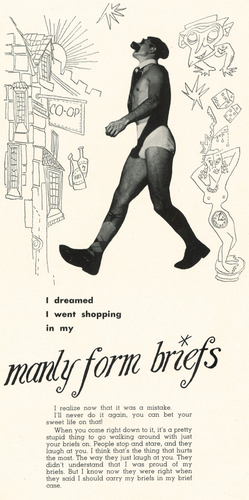 Figure 4. A spoof in the Yale Record, January-February 1950. The copy reads: “I realize now that it was a mistake./I’ll never do it again, you can bet your sweet life on that!/When you come right down to it, it’s a pretty stupid thing to go walking around with just your briefs on. People stop and stare, and they laugh at you. I think that’s the thing that hurts the most. The way they just laugh at you. They didn’t understand that I was proud of my briefs. But I know now they were right when they said I should carry my briefs in my brief case.” Courtesy of the Yale Record and the Archives at Yale.