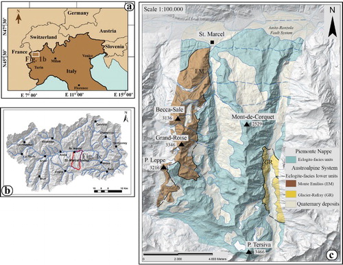 Figure 1. Geographic location and simplified geology of the study area. (a) Outline of northern Italy and neighbouring countries, and location of the Aosta Valley region (white rectangle). (b) Topography of the Aosta Valley region as obtained by LIDAR technique. The location of the mapped area across the Saint-Marcel valley is outlined by the red line. (c) Simplified geologic map of the Saint-Marcel valley.