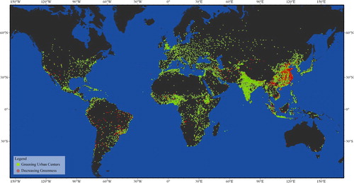 Figure 7. Spatial distribution of changes in greenness values for the 10,323 urban centres in the period 1990–2014.