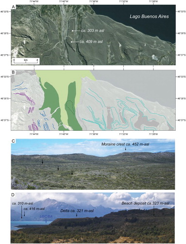 Figure 13. (A) Satellite image (DigitalGlobe 2014; ESRI™) and (B) mapped glaciolacustrine landforms along the southern margin of Lago General Carrera–Buenos Aires. Features include raised deltas, wave-cut lake shorelines and areas of lacustrine sediment accumulation within palaeolake embayments. Also note the high-level lateral moraine ridges and marginal meltwater channels of the southern LGC-BA lobe margin. Field photos of (C) former lake shorelines cut into glacigenic deposits and (D) raised lacustrine deltas and adjacent beach deposits formed in the mouths of tributary valleys of Lago General Carrera–Buenos Aires. The ca. 310 and 321 m deltas are coeval though have experienced different amounts of postglacial uplift. The ca. 416 m delta pre-dates the lower elevation features and records stepped lake level lowering.