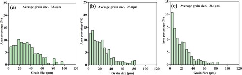 Figure 10. Grain statistics of the top region in ultrasonic impact assisted additive manufacturing of 18Ni-300 steel (a) NO-UIT-WAAM (b) I-UIT-WAAM (c) S-UIT-WAAM.