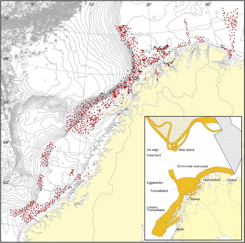 Figure 3. The MAREANO locations for physical sampling sites (black dots) and video recording (both red and black dots) indicate the areas that have been mapped for geology and biology from 2006 to 2012. The map shows valuable and sensitive areas identified by ‘The Integrated Management Plan for the Marine Environment of the Barents Sea and the Sea Areas off the Lofoten Islands’ (Anonymous Citation2006).