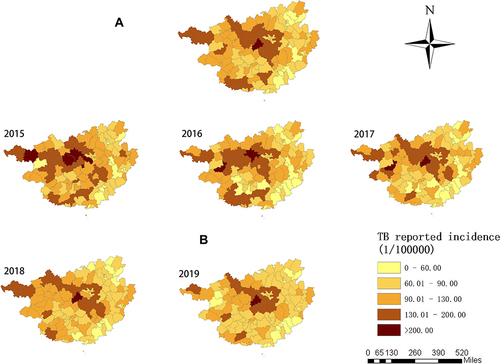Figure 3 Spatial distribution of the overall reported incidence of TB in Guangxi, 2015–2019 (A), and annual incidence of TB reported by county (B).