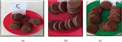 Figure 1. (a–c) Photo of raw, fermented and malted grain biscuits, respectively.