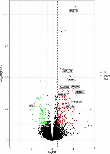 Figure 1. Differentially expressed genes (DEGs) between the obesity and control cohorts. Volcano plot of GSE133099 and 11 substantially expressed genes were detected. Black, green, and red dots represent unchanged, downregulated, and upregulated genes, in that order