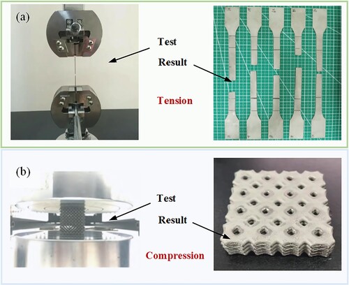Figure 12. Final states of the specimens fabricated by LPBF: (a) 316L solid structures in tensile tests; (b) 316L lattice structures in compression tests.