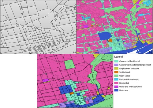 Figure 7. a) A subsection of the segmented study area, b) City of Toronto zoning polygons categorized by the high-level land use types, and c) annotated UFZs with the high-level land use types.