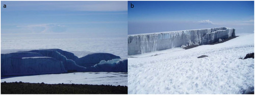 FIGURE 6. Views looking out from the summit region of Kilimanjaro (a) looking north to the northern ice field, and (b) looking south to the southern ice field. Both photos were taken shortly after solar noon in August and demonstrate the ridged characteristics of the ice fields (approximately 30–40 m thick), maximizing opportunity for shading on the north/south-facing walls in austral summer/winter, respectively. The south face of the NIF is in shadow, whereas the north face of the SIF is largely in direct sunlight. The upper level airflow from east to west (right to left on Fig. 6, part a) can be shown by the extended anvil associated with the isolated cumulonimbus.