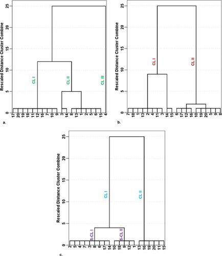 Figure 3. Q-mode hierarchical dendrograms for classifying the water samples based on (a) NPI, (b) WNPI and (c) WPI. Samples 1–10, respectively, represent ABH1–ABH10, whereas samples 11–20 represent NBH1–NBH10, respectively.