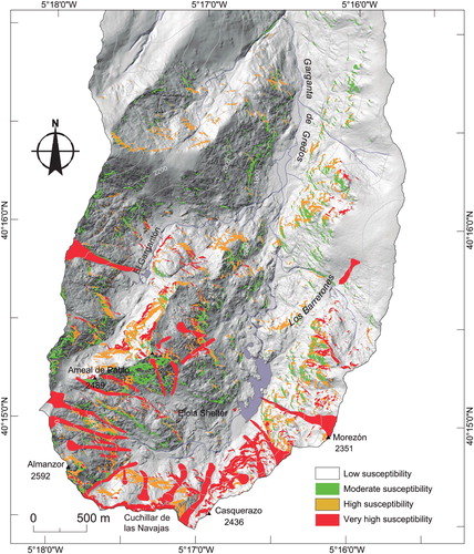 Figure 7. Loose snow avalanche susceptibility map of the Circo de Gredos according to values obtained from combining trigger factors, reclassified into four categories. Red: very high. Yellow: high. Green: moderate. White: low.