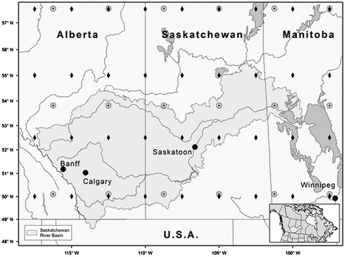 Figure 1 Canadian Prairie Provinces with the four selected study sites (Banff, Calgary, Saskatoon and Winnipeg), overlain by National Centers for Environmental Prediction (NCEP; black diamonds) and Canadian Global Climate Model (CGCM; grey circles with black centres) grid cells. Inset shows the location of the study area in North America.