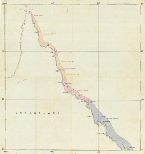 Figure 6. Map accompanying letter from Commander Hemming, Captain of the HMS Paluma, reporting on survey work of the Queensland Coast, 1893, an overview of hydrographic surveys of Queensland’s coastline, shipping channels and islands conducted from the 1840s to 1890s, courtesy of Queensland State Archives, 1102452