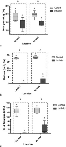 Figure 3. Effect of rumen sampling site (central, ventral) and treatment [without/with methane (CH4)-inhibitor Asparagopsis taxiformis) on (a) total gas yield, (b) CH4 yield, and (c) the proportion of CH4 to total gas production. Least square means (LSM) carrying no common upper-case superscript are different at P < 0.05 between central and ventral rumen location. The LSM carrying no common lower-case superscript are different at P < 0.05 between with/without inhibitor treatment within location.