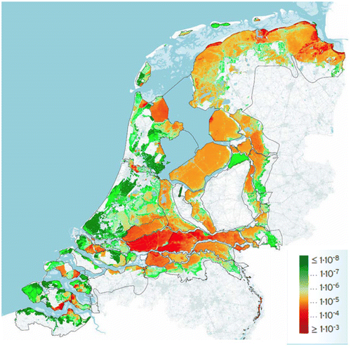 Figure 3. Estimated individual risk for flooding for the Netherlands (Rijkswaterstaat, Citation2015). Source: Public information from the Dutch government (Rijkswaterstaat).