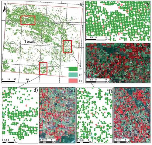 Figure 9. Comparison between predicted results and truth labels in the texas validation site. (a) is the overall figure. (b,d,f) is the detailed map and its corresponding false composited satellite images (c,e,g). TP, FN, and FP represent truth positive, false negative, and false-positive samples, respectively.