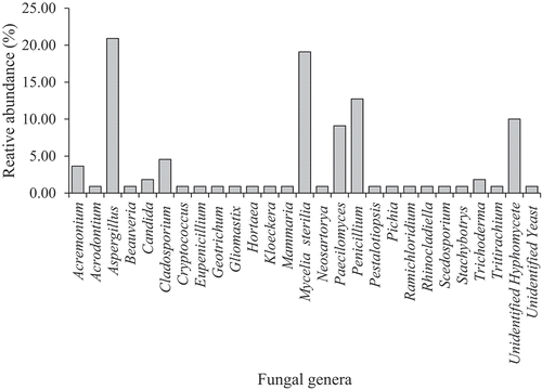 Figure 2. Relative abundance of sponge-associated fungal genera isolated in mangrove-attached sponges collected from New Washington, Aklan, Philippines.