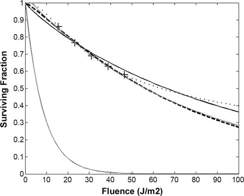 FIG. 3. Gompertz model prediction for 10 μm cluster compared to multihit and simple exponential models. Black circles plot the Gompertz model prediction for 10 μm clusters using parameters obtained from the fit to data for 2.8 and 4.4 μm clusters for 51 evenly spaced fluence values from 0 to 100 J/m2. The solid black line is a fit to all 51 data points of a multihit model. The dashed black line is a fit of just five data points at the fluences used in the experiments of reference 10. The gray lines show a simple exponential fit to the 10 μm points at the experimental fluences (upper gray line) and a simple exponential fit of the single spore experimental data (lowest gray line).